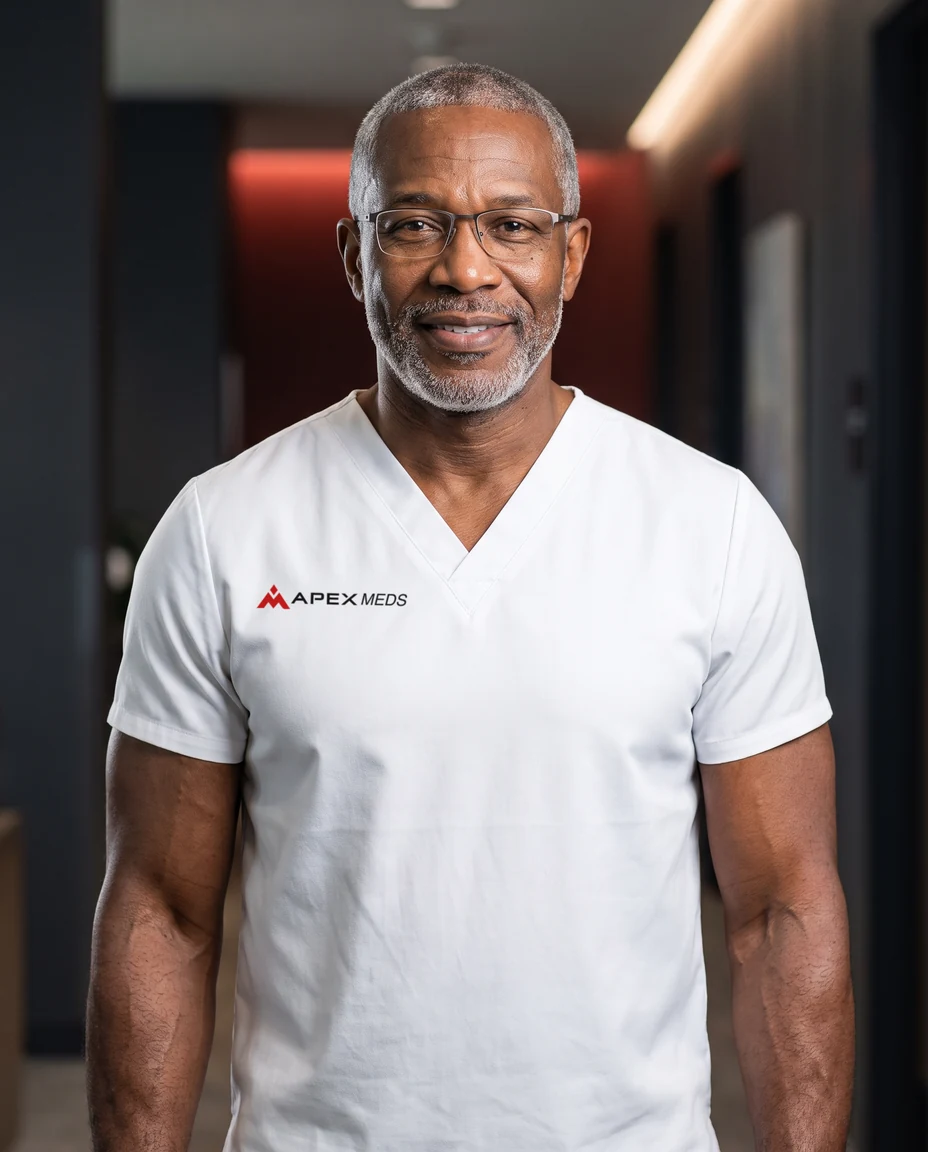 A physician in a white Apex Meds scrub top